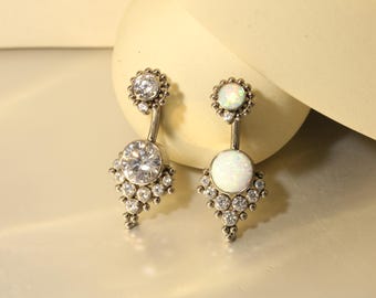 Gorgeous CZ/Opal Belly Button Rings Flat-bottomed Zircon Beads Belly Piercings Navel Clicker Internally Threaded Barbell  G23 Titanium