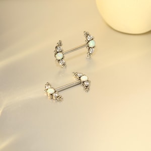 CZ & White Opal Nipple Barbells Straight Nipple Internally Threaded Barbell G23 Titanium 14G Nipple Rings for Women