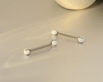 White Opal Internally Threaded Nipple Barbell G23 Titanium 14G  Tongue Piercing Tongue Jewelry Straight Nipple Cute Nipple Jewelry