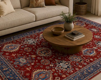 Afghan Red Chenille Rug, Vintage Oriental Area Rug, Boho Washable Carpet, Traditional Non Slip Floor Rug