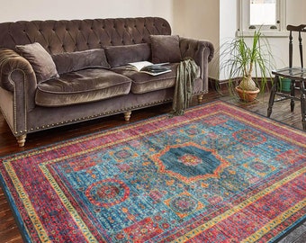 Roter Chenille Medaillon Teppich: Waschbarer Teppich im persischen Vintage Stil