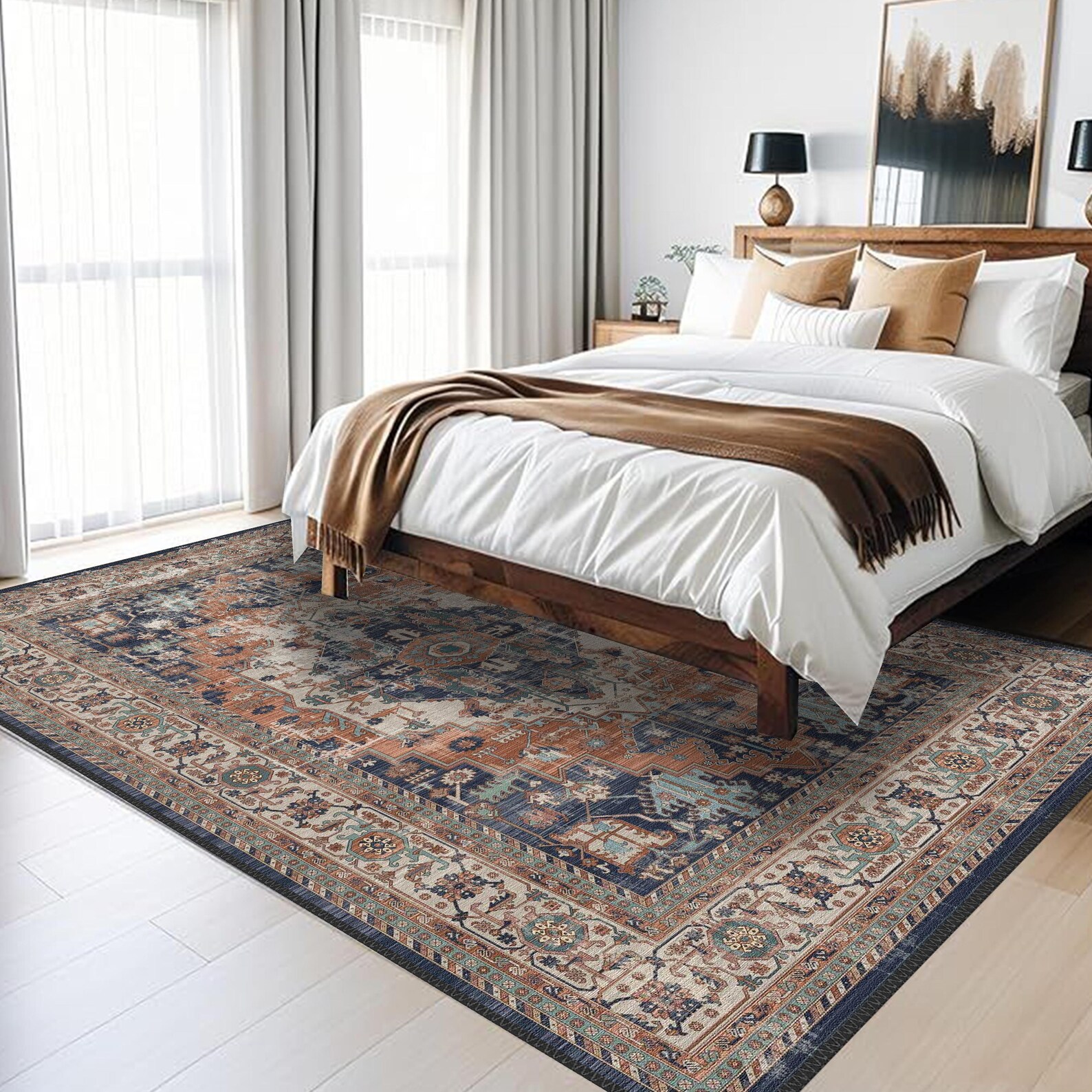 Medallion Vintage Rug | Rust & Navy Area Carpet | Distressed Oriental ...