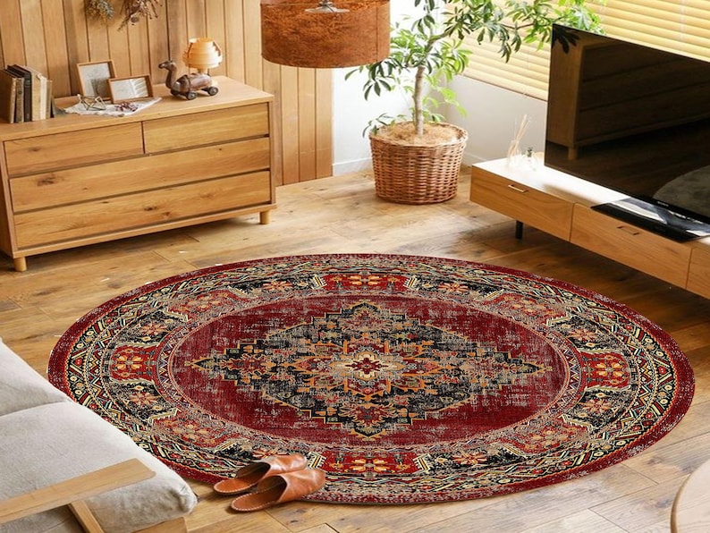 Vintage Red Round Rug, Bohemian Persian Style Floor Mat, Elegant Home ...