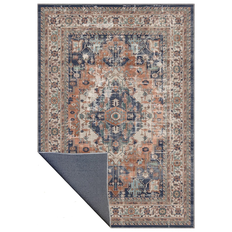 Navy Rust Rug Medallion Vintage Rug | Rust & Navy Area Carpet | Distressed Oriental ...