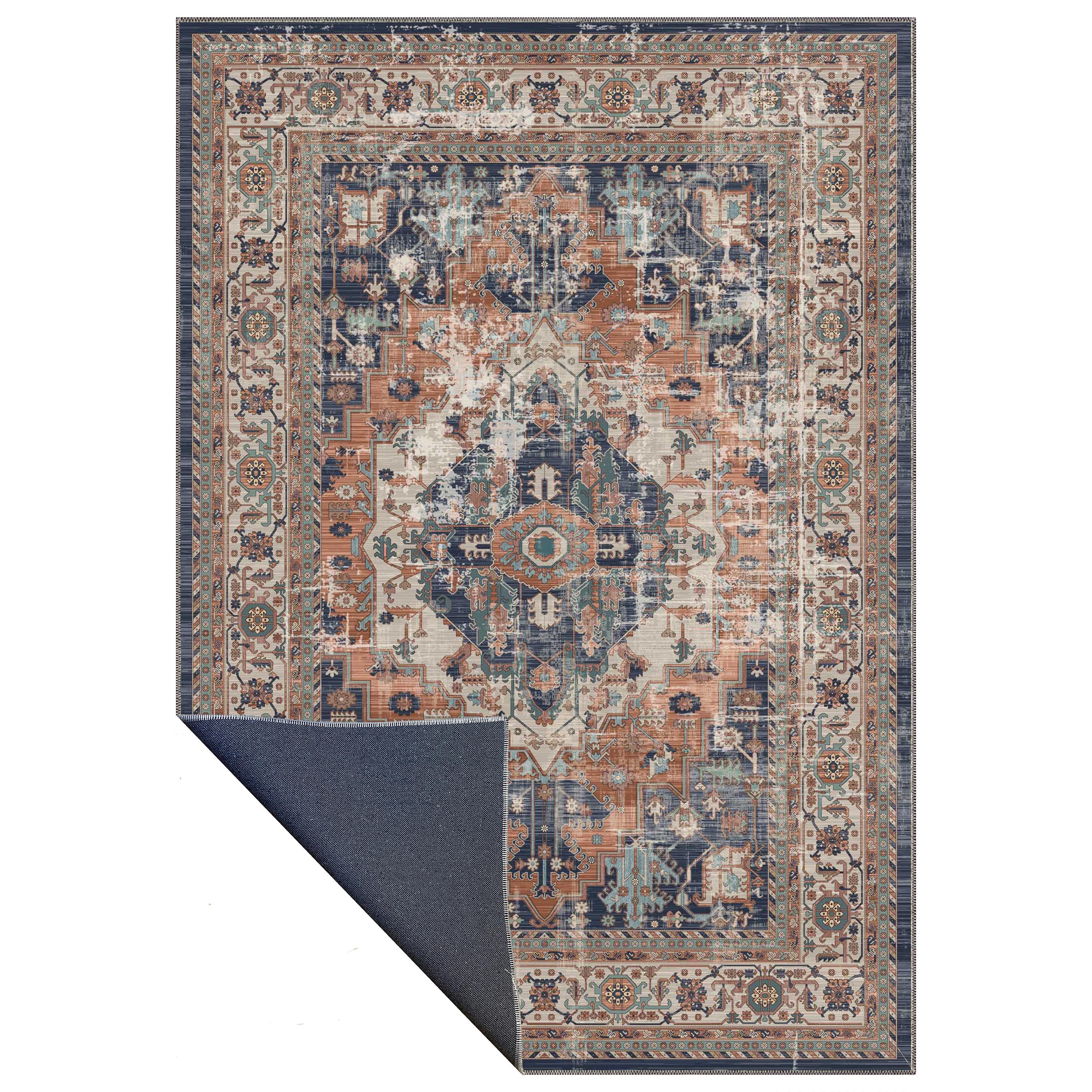 Medallion Vintage Rug | Rust & Navy Area Carpet | Distressed Oriental ...