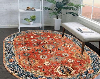 Tapis oriental ovale lavable - Moquette vintage de style persan bleu orange, décoration de salon bohème