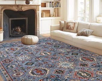 Blå Chenille Boho-matta: Tvättbar halkfri anatolisk stil