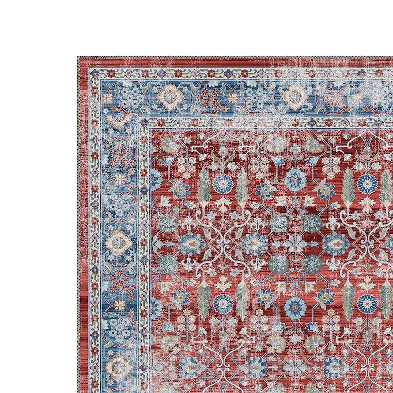 Red and Blue Persian Style Area Rug: Washable Chenille Floral Carpet - Etsy