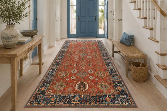 Red Blue Vintage Area Rug, Anatolian Style Traditional Rug