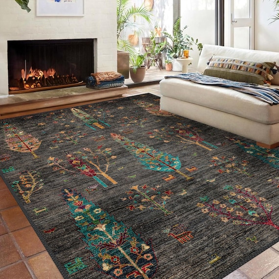 Black Chenille Area Rug: Bohemian Tree of Life Afghan Carpet