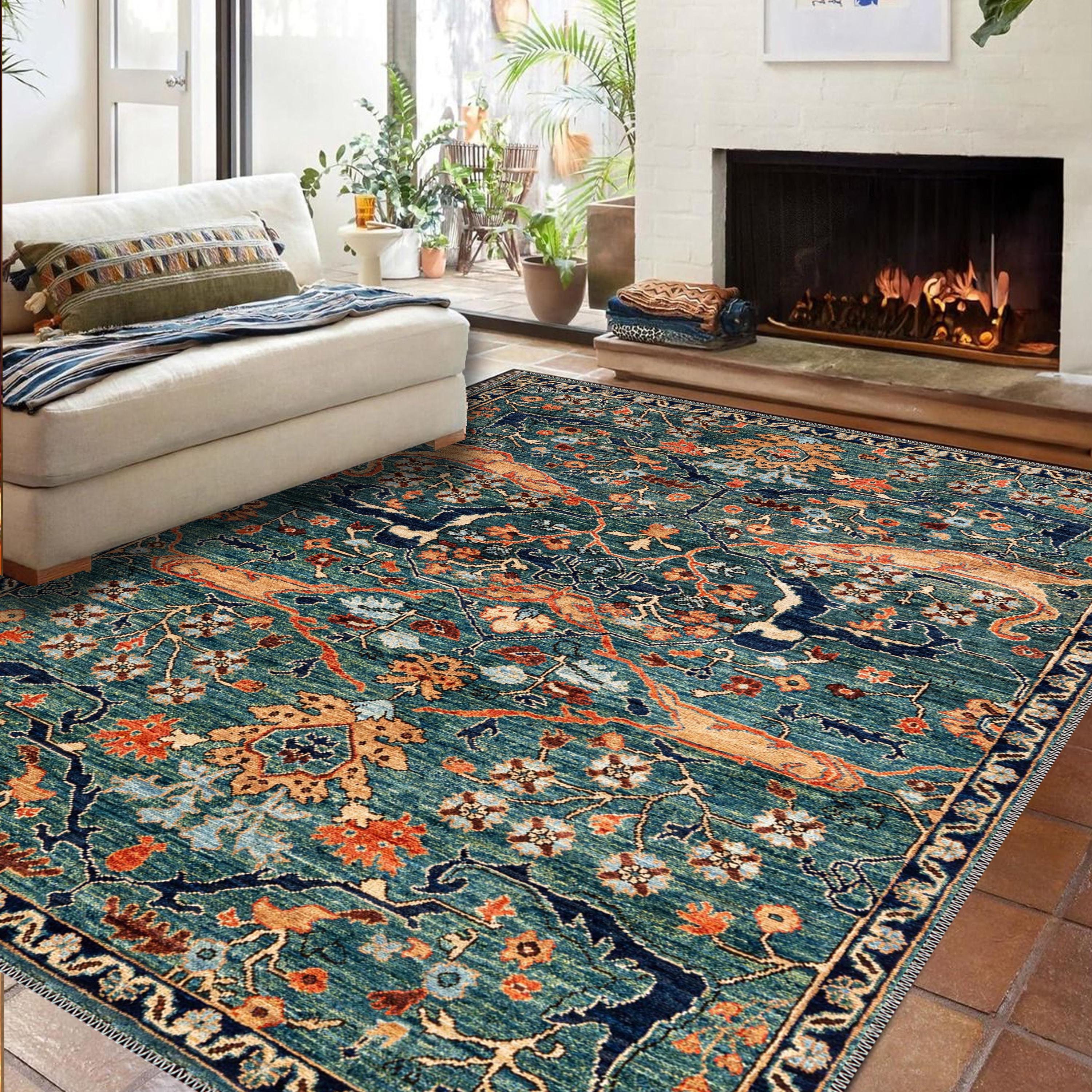 Green Chenille Area Rug: Vintage Floral Persian Style, Non-slip - Etsy