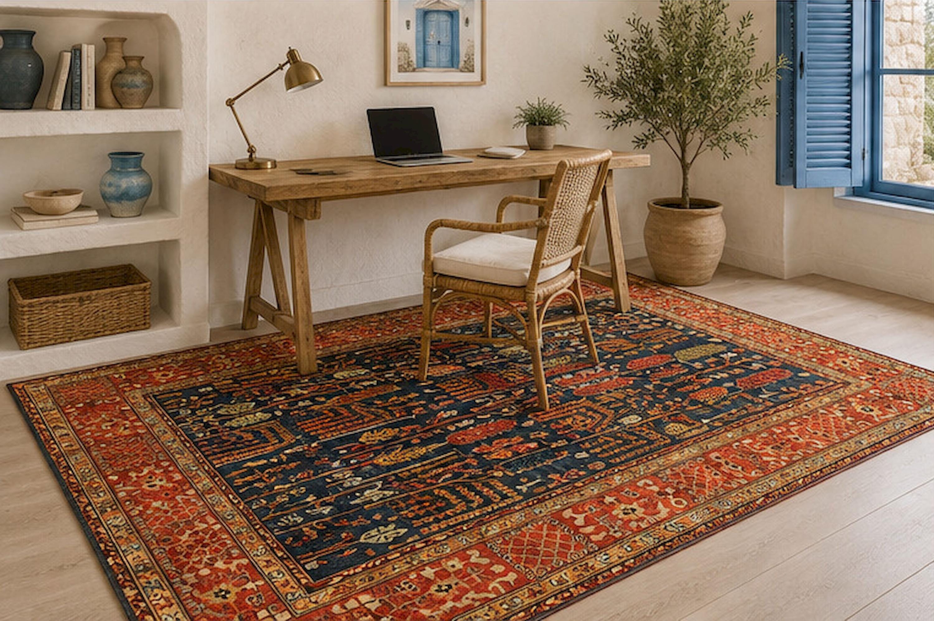 Vintage Orange Area Rug, Black Red Geometric Rug, Traditional