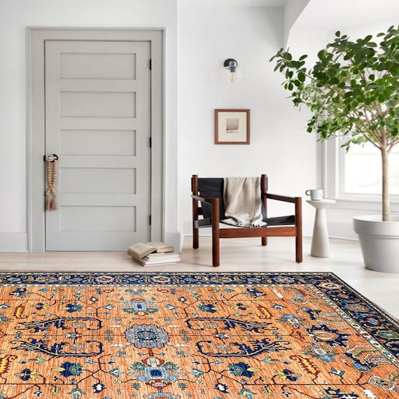 大判/くすみオレンジとネイビーブルーのトルコラグNo.761 Orange Anatolian Rug: Washable Chenille, Traditional Floral Design