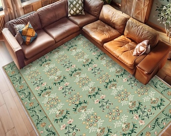Vintage Floral Washable Rug – Green Botanical Area Carpet for Living Room, Boho Decor, Non-Slip Soft Floor Mat, Machine Washable Area Rug