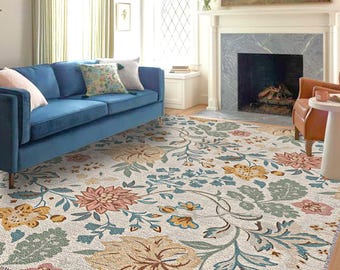 Machine Washable Chenille Area Rug: Cream Botanical Floral Design