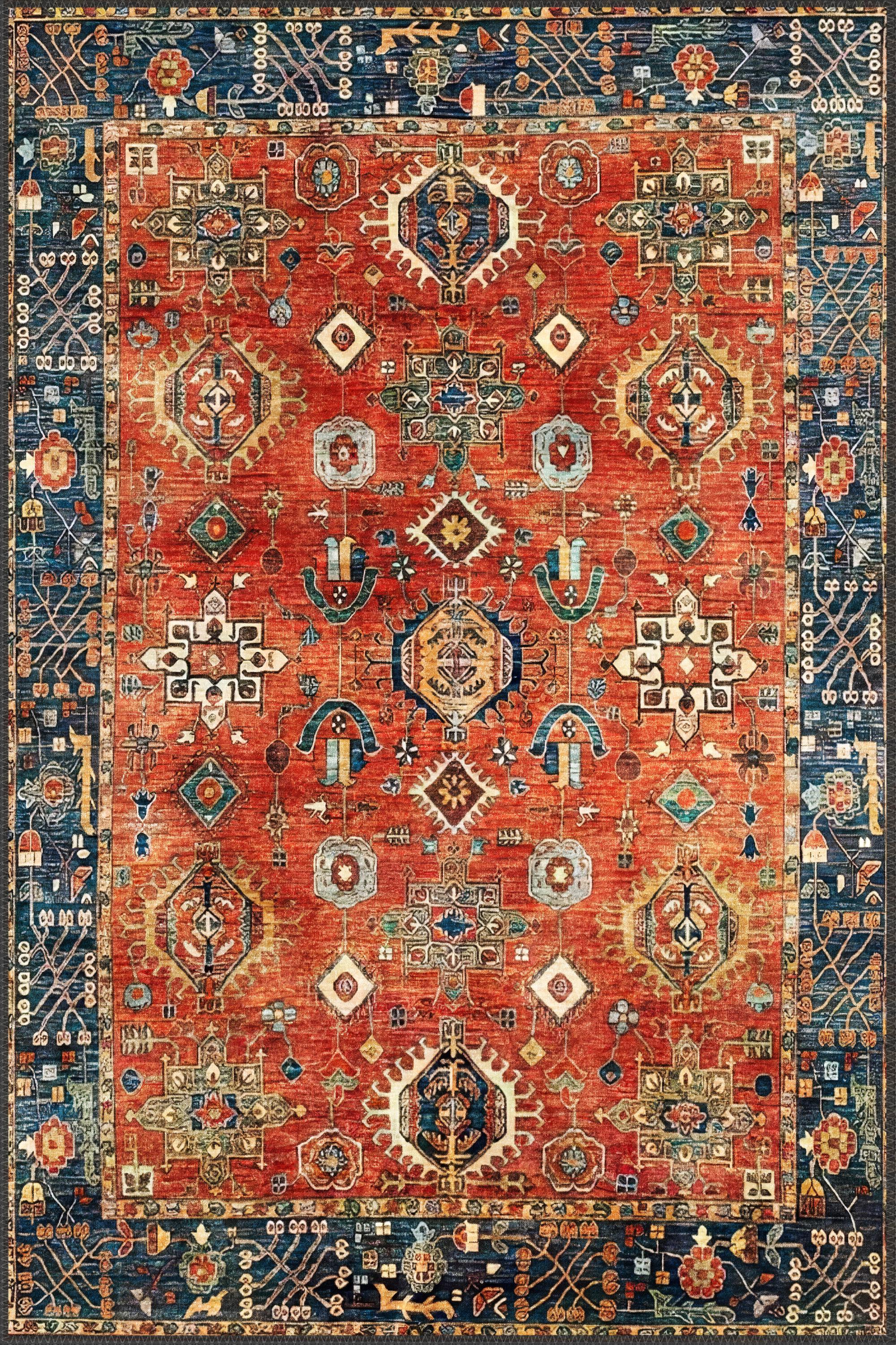 Red & Blue Anatolian Rug: Vintage Persian Style, Washable Chenille