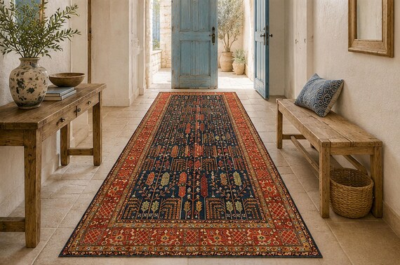 Vintage Orange Area Rug, Black Red Geometric Rug, Traditional