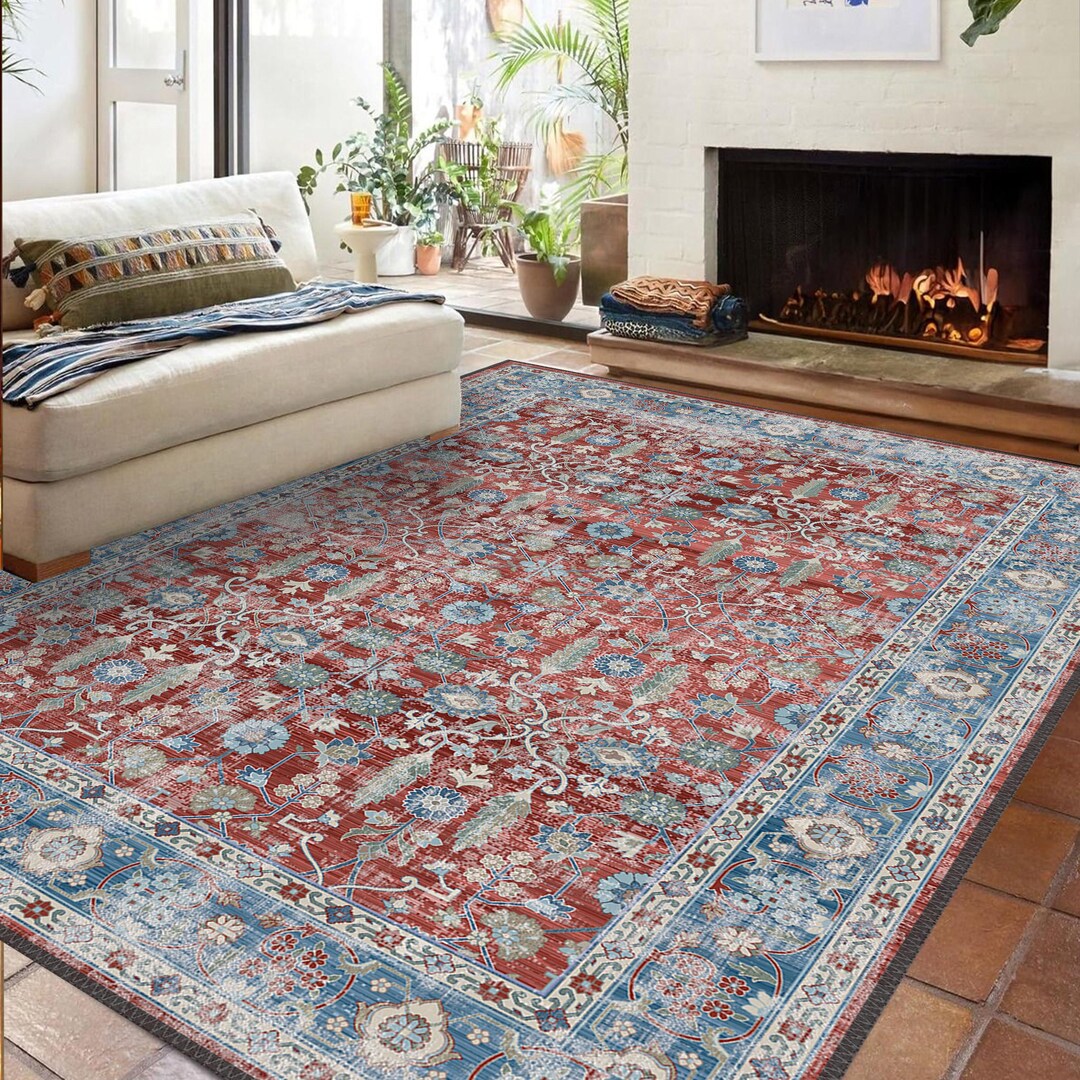 Red and Blue Persian Style Area Rug: Washable Chenille Floral Carpet - Etsy