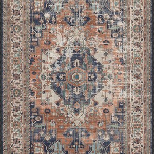 Medallion Vintage Rug | Rust & Navy Area Carpet | Distressed Oriental ...