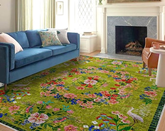 Green Floral Washable Rug – Vintage Style Living Room Carpet – Botanical Pattern Soft Area Rug