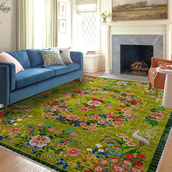 Green Floral Washable Rug – Vintage Style Living Room Carpet – Botanical Pattern Soft Area Rug