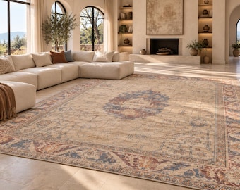 May include: A large rectangular area rug featuring a beige base with a central medallion and intricate border patterns in shades of muted blue, terracotta, and cream. The rug has a distressed finish and covers a significant portion of the floor.