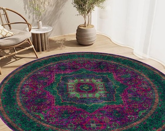 Tapete redondo verde vintage, tapete de estilo persa boho, tapete elegante para decoração de casa.