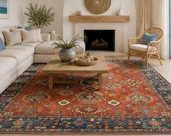 Rot-blauer Vintage-Teppich, traditioneller Teppich im anatolischen Stil, geometrischer Chenille-Teppich, waschbarer Wohnzimmerteppich