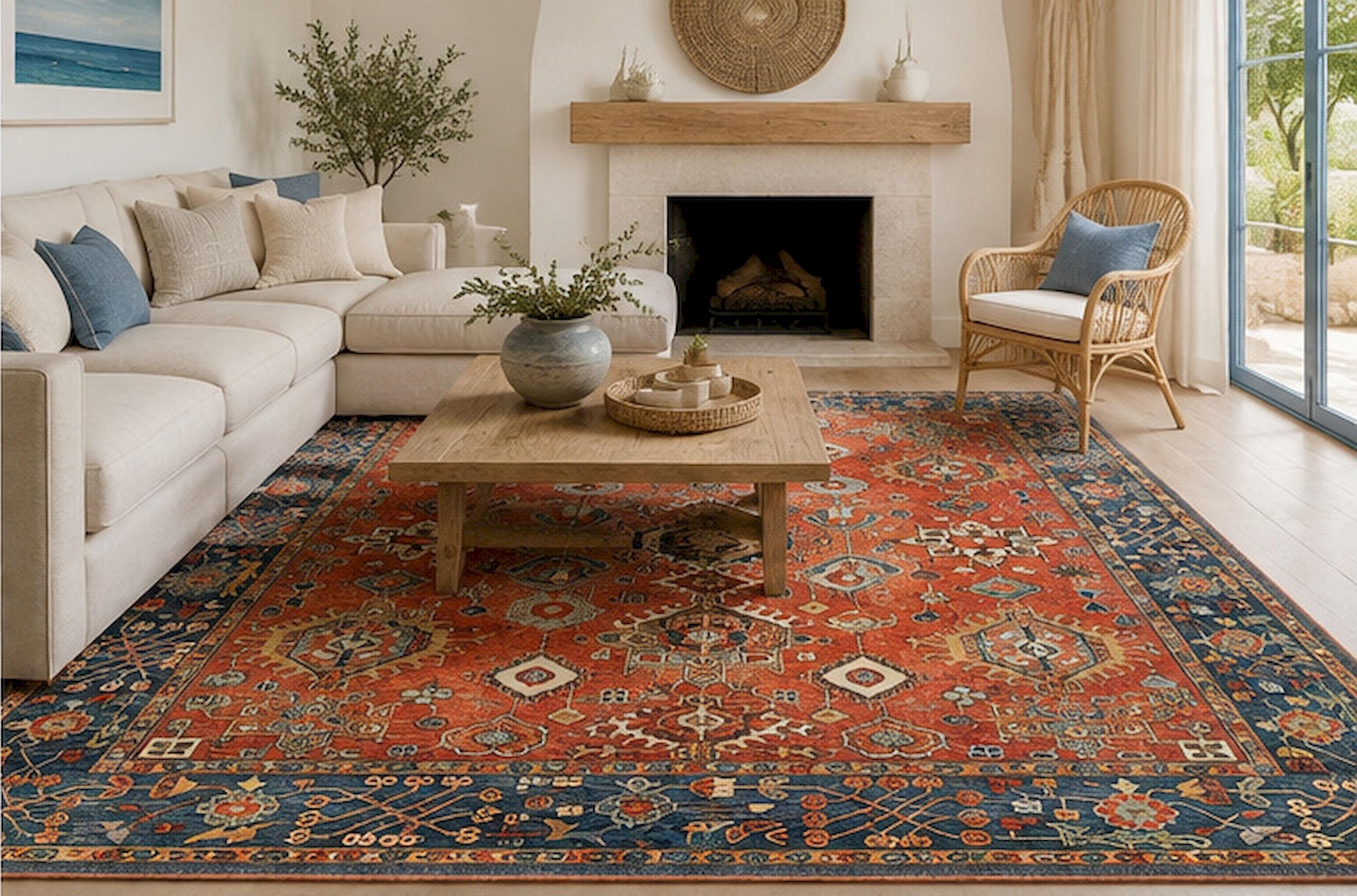 Red Blue Vintage Area Rug, Anatolian Style Traditional Rug