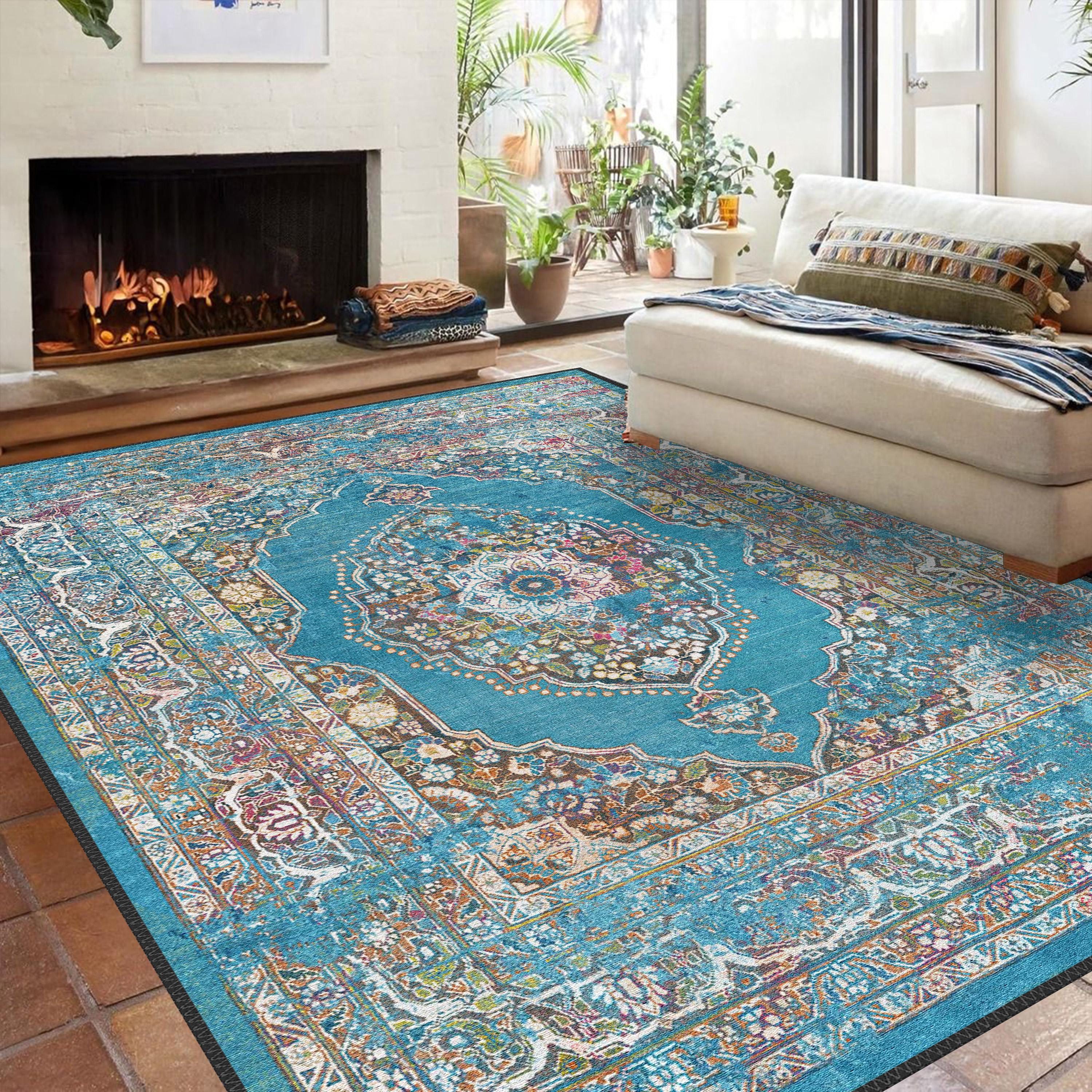 Turquoise Vintage Chenille Area Rug – Traditional Persian Style