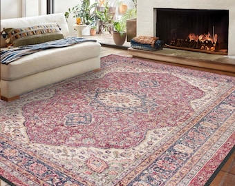 Roter Chenille Teppich: Orientalisches Medaillon, Waschbar Persischer Stil