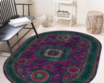 Tapete oval vintage verde boho, estilo persa, para sala de estar, decoração de casa exclusiva.