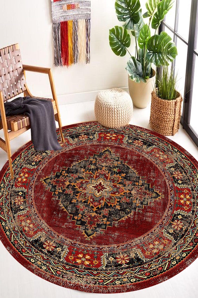 Vintage Red Round Rug, Bohemian Persian Style Floor Mat, Elegant Home ...