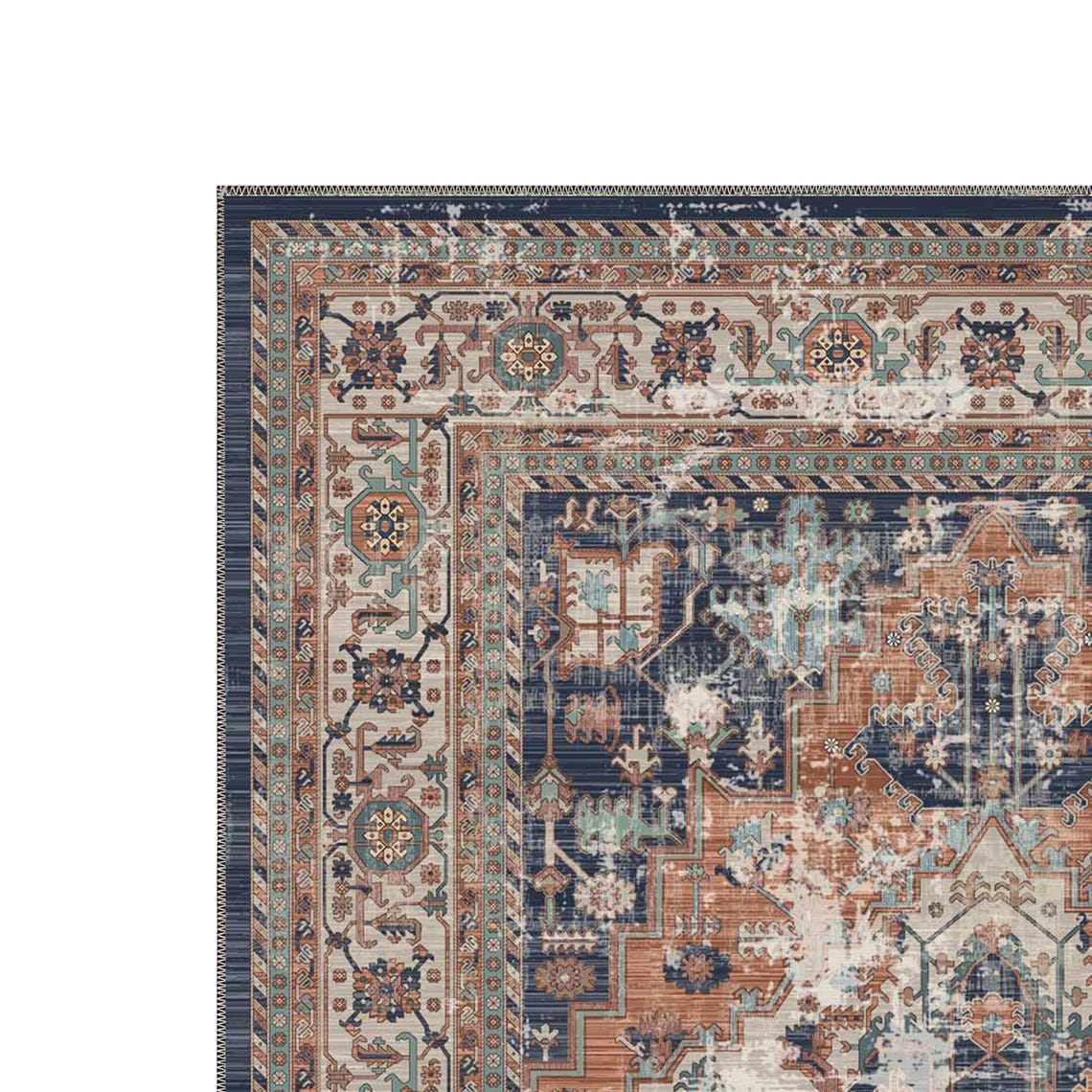 Medallion Vintage Rug | Rust & Navy Area Carpet | Distressed Oriental ...