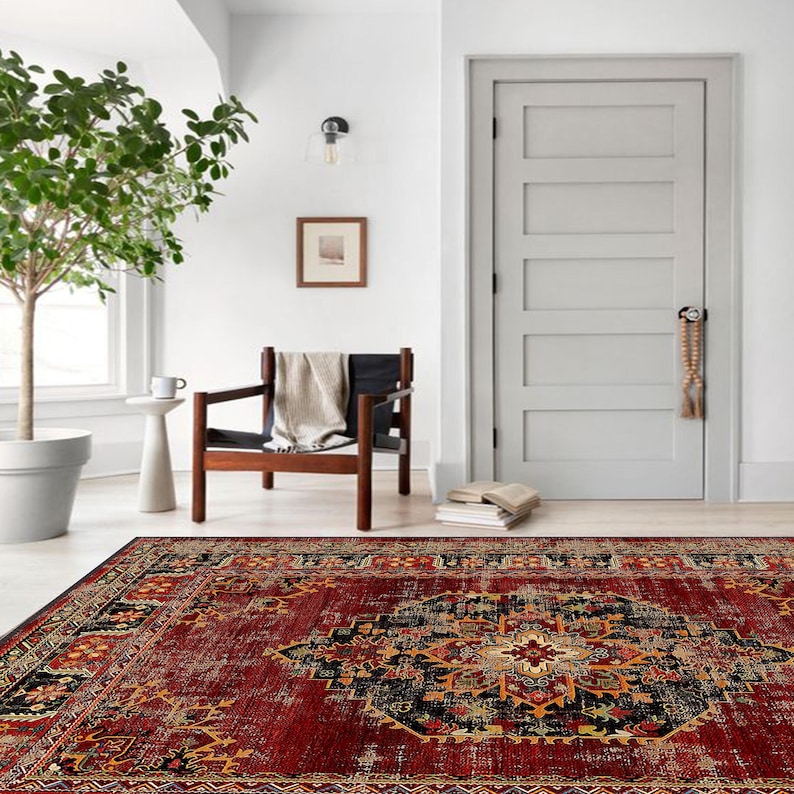 Red Heriz Vintage Style Rug – Distressed Oriental Design - Etsy