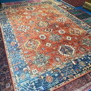 Red & Blue Anatolian Rug: Vintage Persian Style, Washable Chenille
