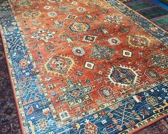 Red & Blue Anatolian Rug: Vintage Persian Style, Washable Chenille