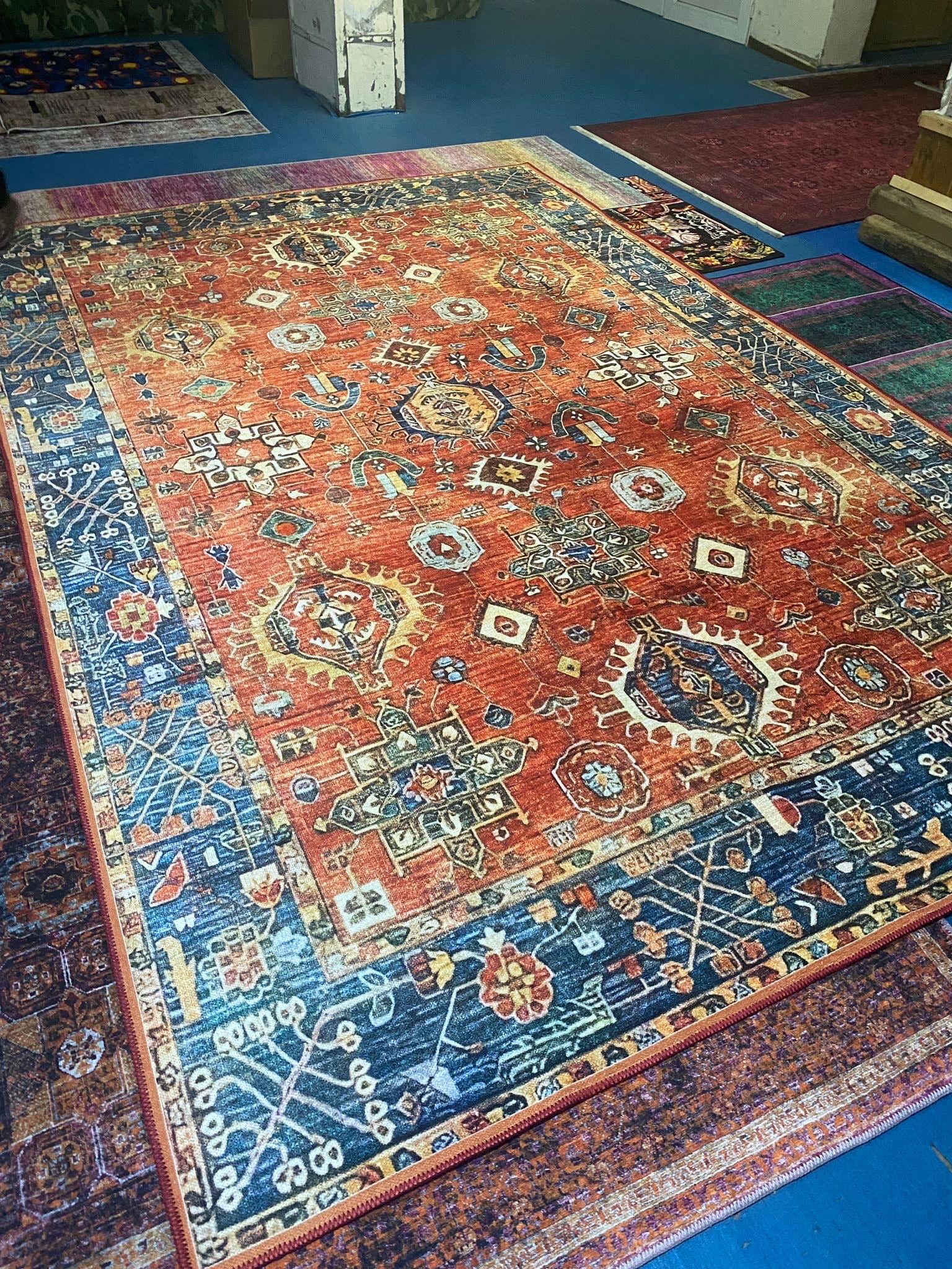 Red & Blue Anatolian Rug: Vintage Persian Style, Washable Chenille