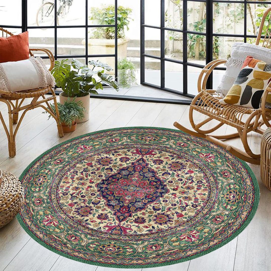 Vintage Round Persian Style Rug – Floral Medallion Round Carpet – Boho ...