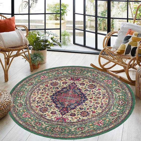 Runder Vintage Persischer Stil Teppich - Floraler Medaillon Runder Teppich - Boho Wohnzimmer Dekor - Distressed Orientteppich