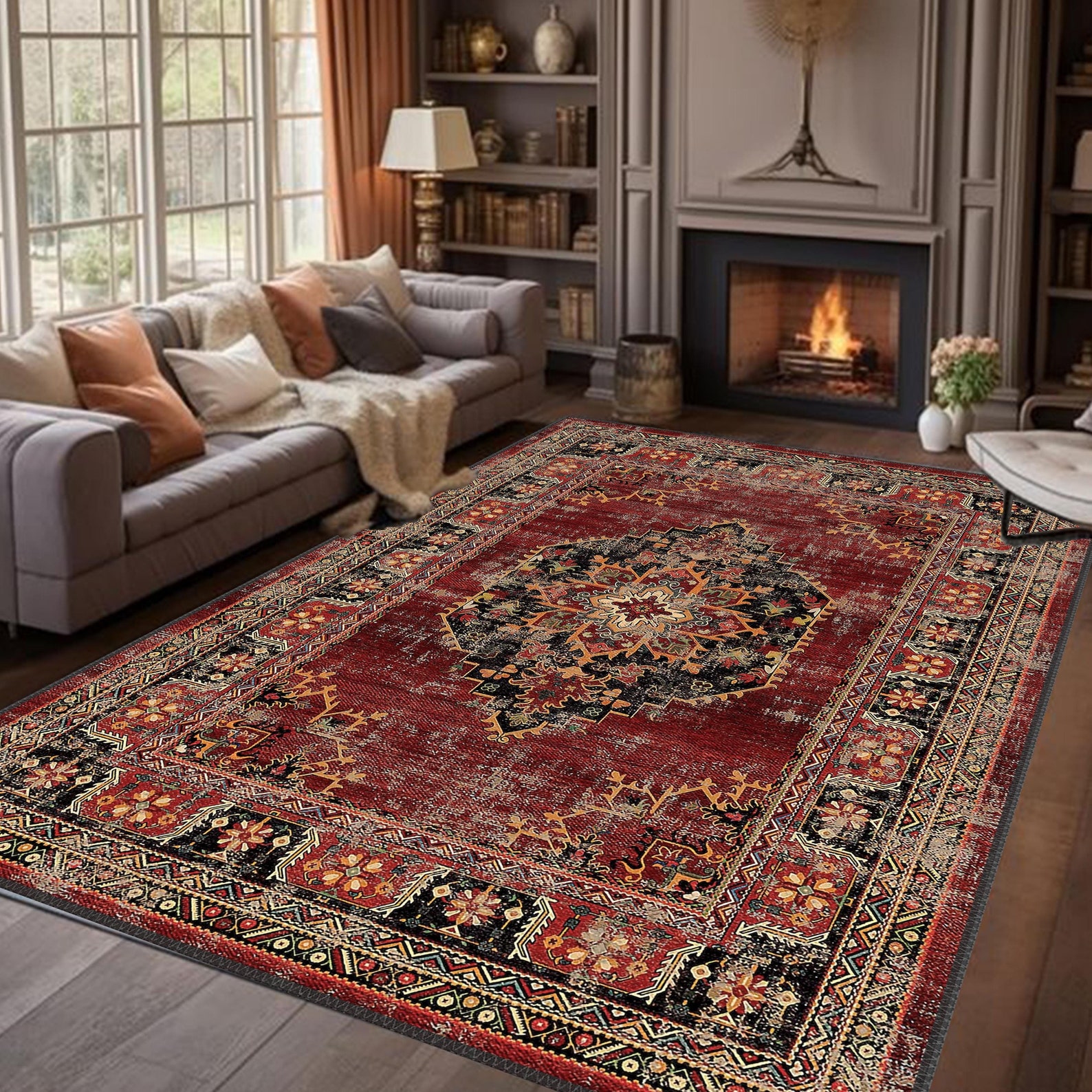 Red Heriz Vintage Style Rug – Distressed Oriental Design - Etsy UK