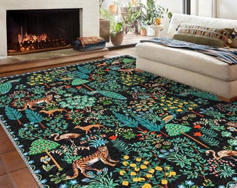 Tropical Jungle Chenille Rug: Washable Green Forest Floor Mat