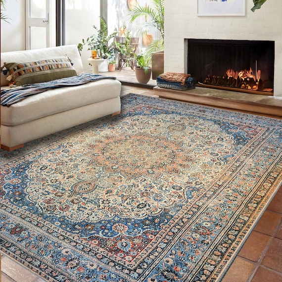 Persischer Vintage-Medaillon-Teppich, großer blau-rosa orientalischer Chenille-Teppich, waschbarer Boho-Teppich