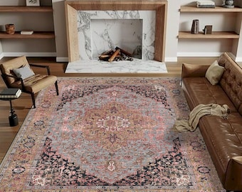 Vintage Persian Style Rug, Classic Oriental Carpet, Blue Floral Medallion Rug