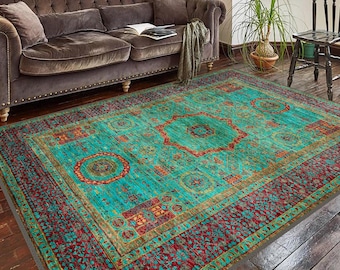 Tapete de chenille verde: estilo persa vintage, tapete turco antiderrapante