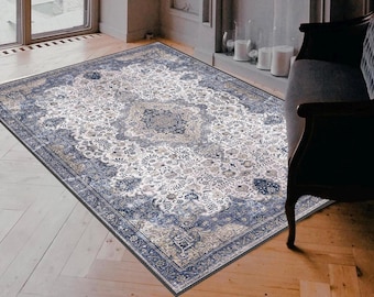 Blue Medallion Chenille Rug: Persian-Style Floral Area Rug