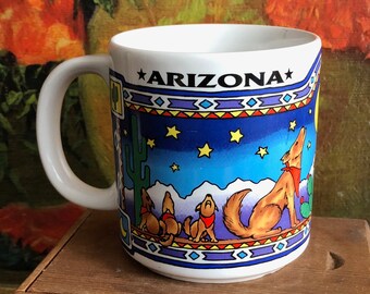 Arizona Mug Vintage Coffee Cup Souvenir White Ceramic Coyote Southwestern