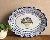 Fruit Platter Ceramic Tray White Oval Dish Blue Transferware Stripe Yellow Pink Purple Grapes Pears Peaches Apples