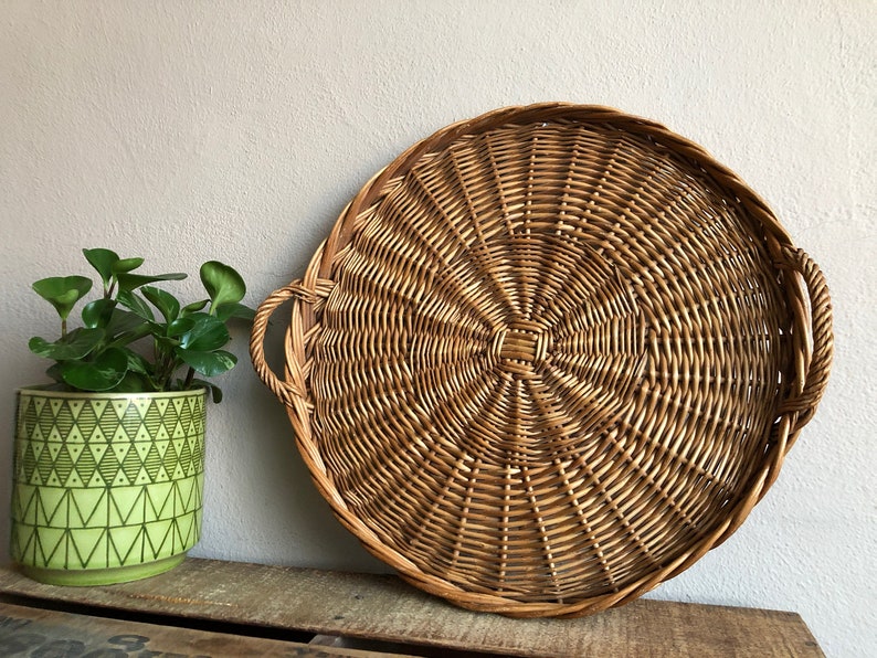 Basket Tray Large Woven Round Tray Vintage Distressed Wicker Etsy
