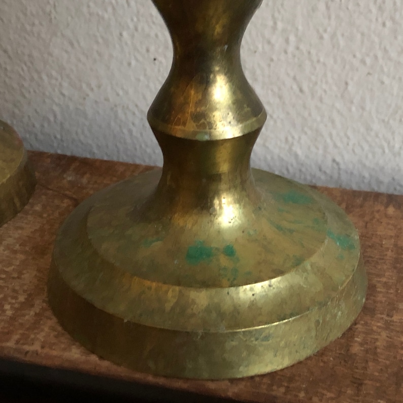 Brass Candlesticks Set of 2 Tall Gold Metal Vintage Distressed Mantel Home Decor Boho Farmhouse